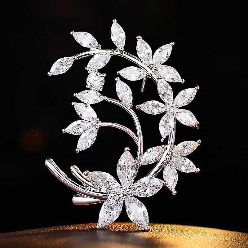Chinese Style Auspicious Lucky Plum Blossom Brooch Shining Cubic Zirconia Silver Tone Vine Floral Pin Elegant Jewelry For Women