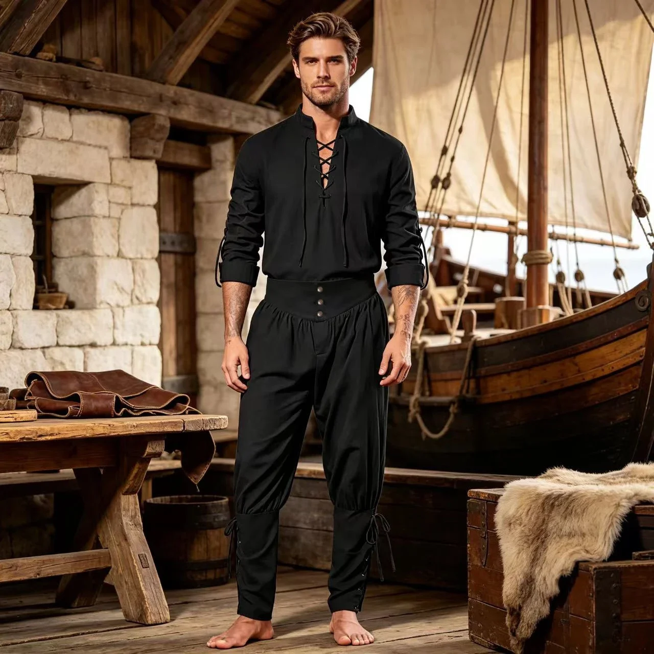 Men Medieval 2Pcs Viking Pirate Outfit, Lace-Up Shirt & Long Pirate Pants, Vintage Renaissance Suit for Halloween LARP Cosplay