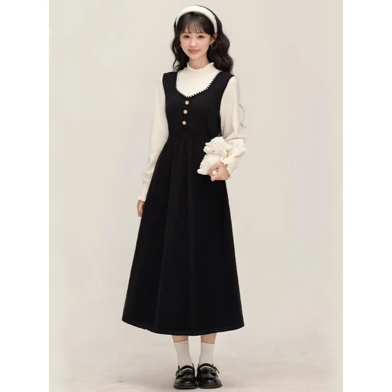 Robe noire faux deux pièces à la taille, vêtements doux, jupe longue française Super belle, jupe populaire de cette année, automne
