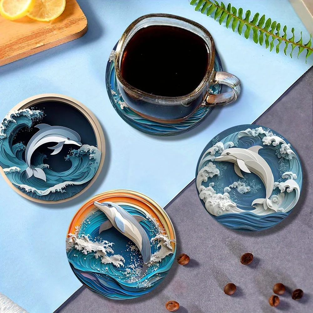 Dolphin Ocean Pattern 2D Wooden Coaster Decorative Cup Mat for Home Restaurant Bar Party Holiday Christmas Gift 6PCS 10CM