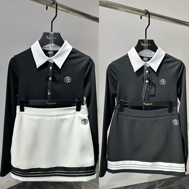 PL Autumn Spring Golf Clothes Women New Golf Polo Shirts Long-sleeved Breathable Top Lady Striped Pencil Skirts Tennis Skorts
