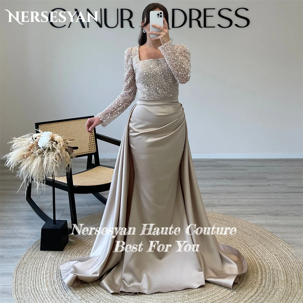 Nersesyan Light Champagne Gliter Mermaid Formal Evening Dresses Square Collar Sparkly Prom Party Dress With Detachable Train