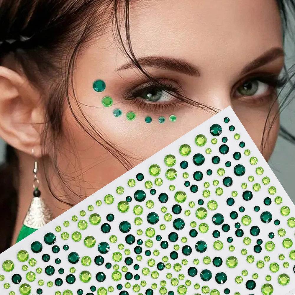 1Sheet 3D Green Round Diamond Tattoo Stickers DIY Eye/Face Makeup Decor Rhinestone Masquerade Stage Performance Temporary Tattoo