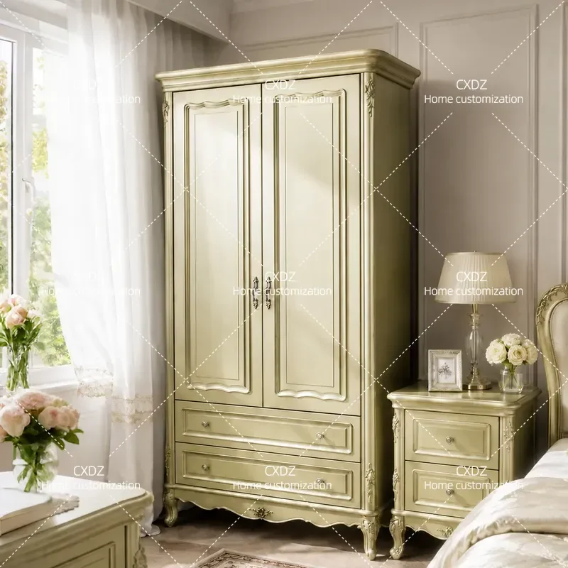 European Style Light Luxury Two Door Wardrobe with Drawer Carved Hanging Closet for Bedroom Small Apartment Storage Furniture