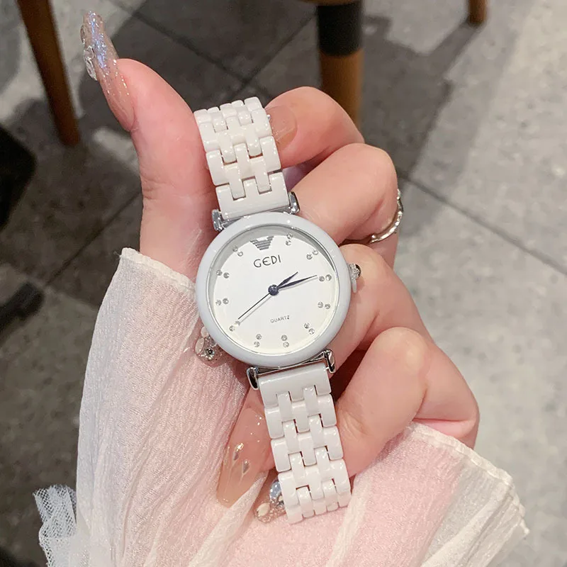 Ceramic women's watch, second-hand watch, white simple women's watch, light luxury temperament fashion women's watch