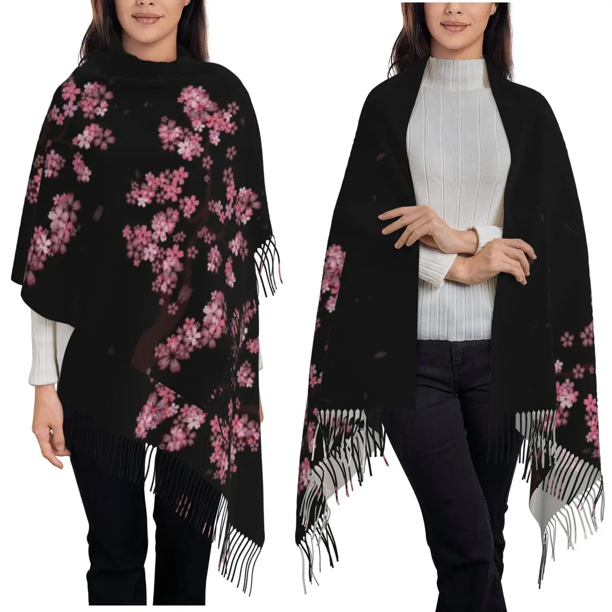 Japoński szal z kwiatami wiśni sakura, szaliki z frędzlami, miękkie i ciepłe szale i chusty damskie, duży szal na jesień i zimę.