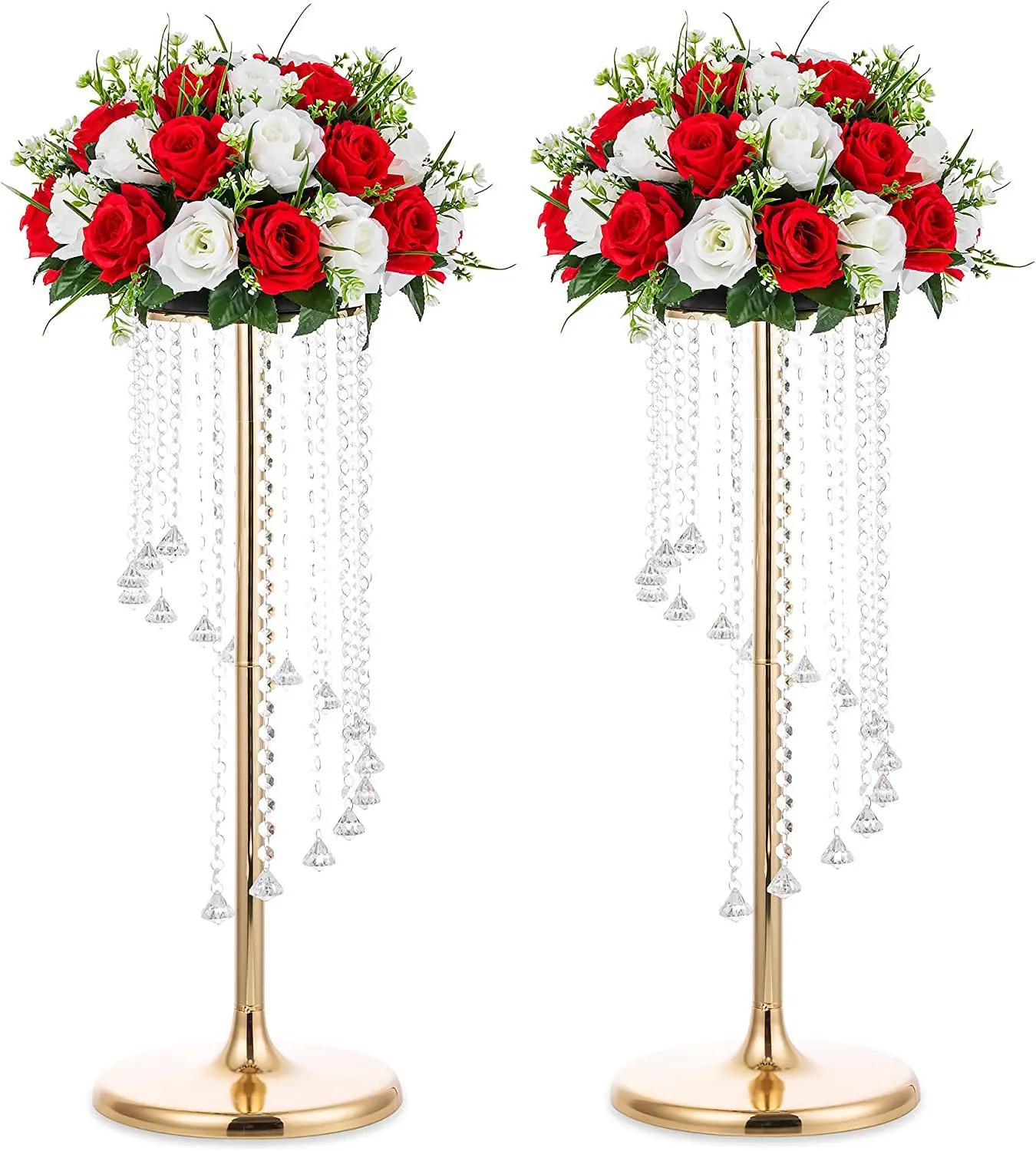 

10 Pcs Wedding Centerpieces Gold Vases 27.6in Tall Crystal Flower Vase Metal Flowers Stand for Party Tables Decorations