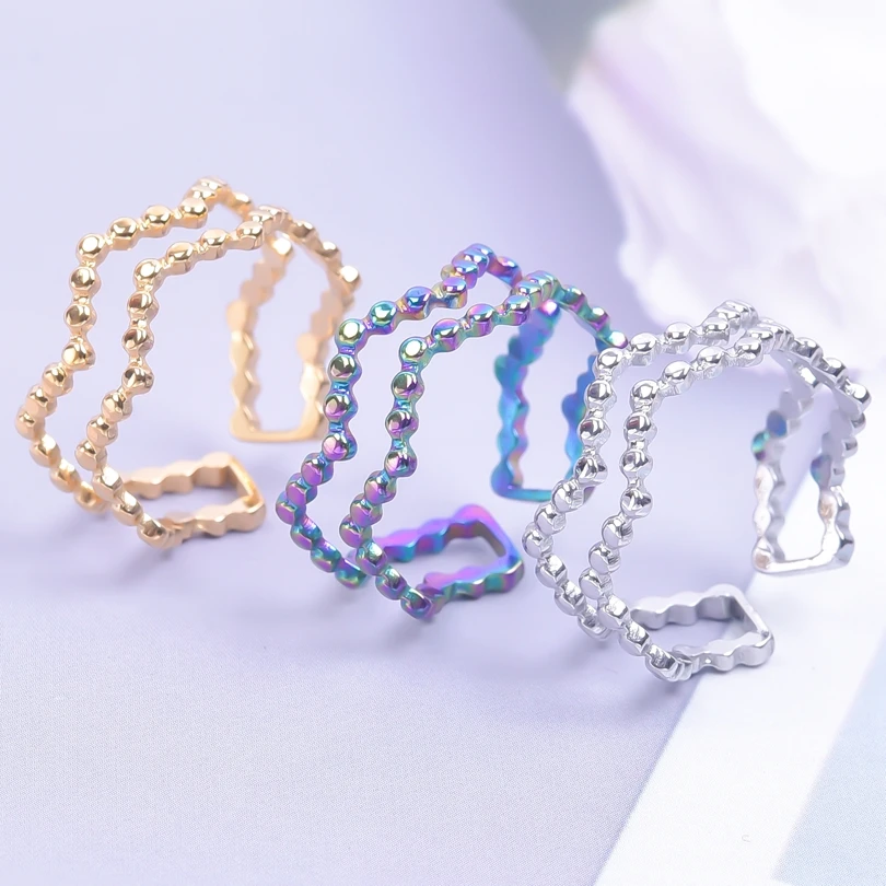 Beaded Wave Stainless Steel Ring For Women Men Aesthetics Vintage Jewelry Open Adjustable Ring Bague Femme Acier Inoxydable Gift