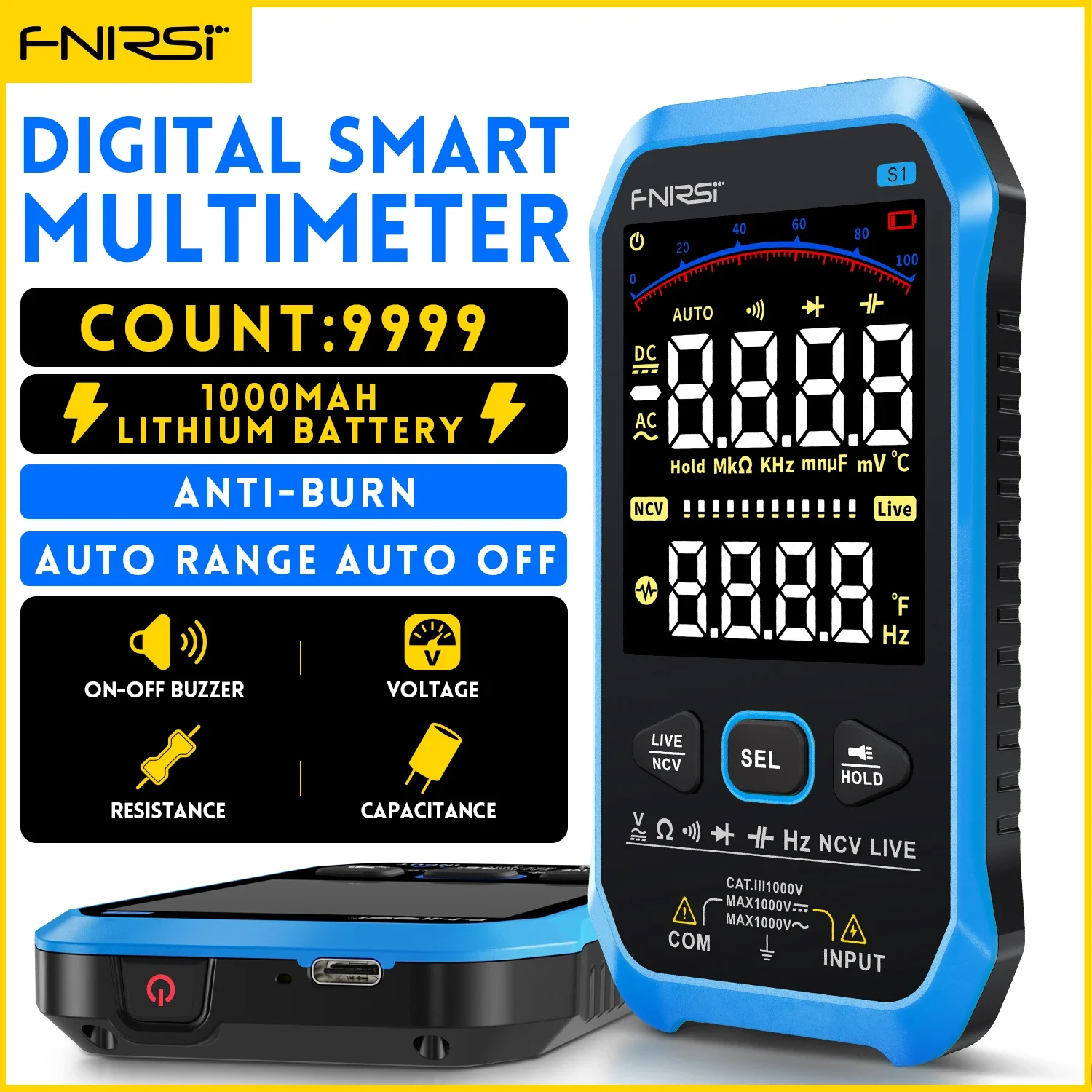 

FNIRSI S1 Smart Digital Multimeter 9999counts AC DC Voltage Resistance Capacitance Diode NCV Hz Live Wire Color Display Tester