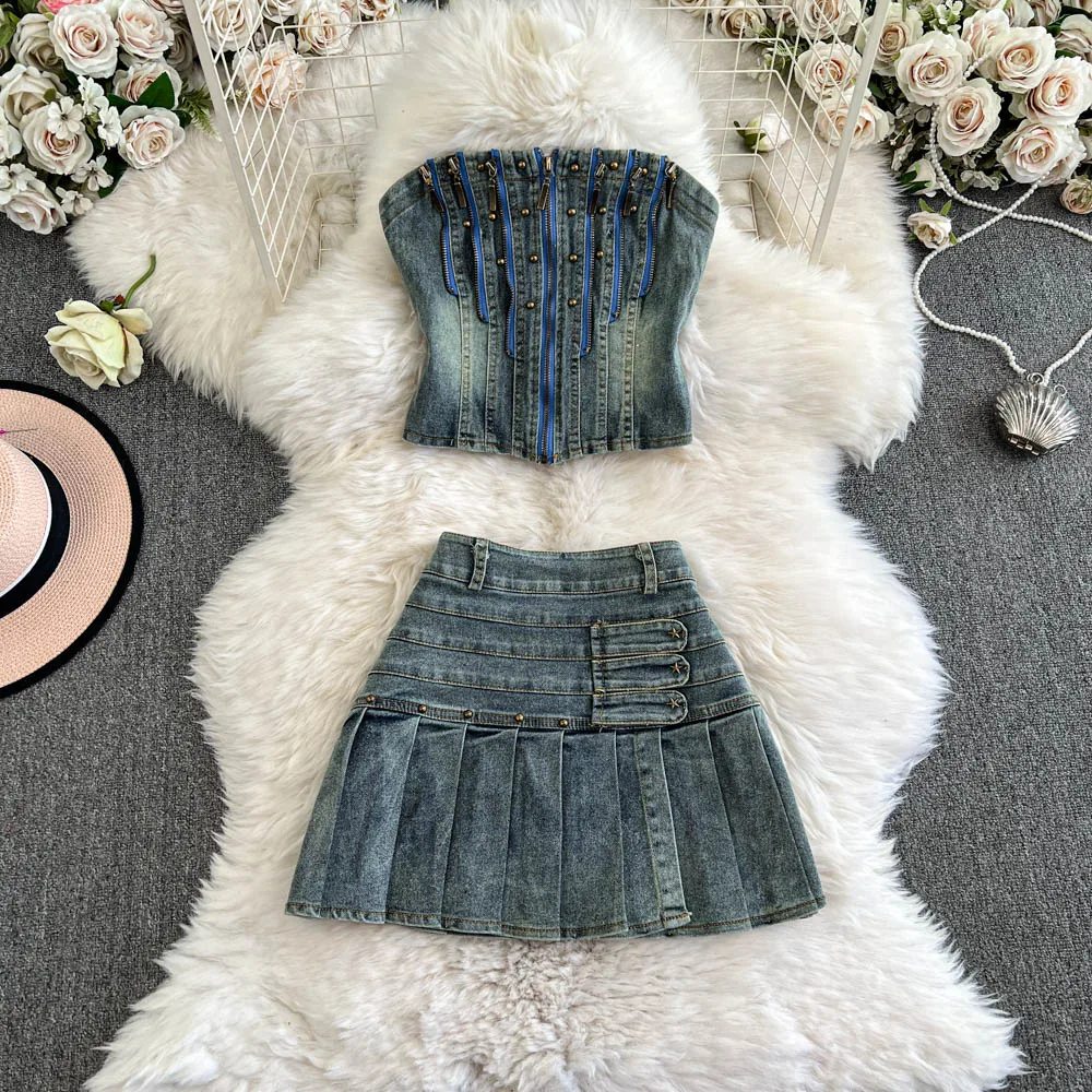 American Style Spicy Girl Washed Denim Crop Vest Set Summer Strapless Zipper Slim Fit Tops Pleated Mini Skirt 2Pcs Suits