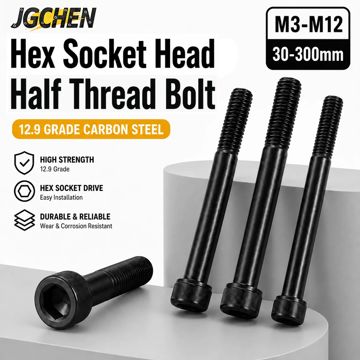 Image of M3 M4 M5 M6 M8 M10 M12 Schwarze Stahlschrauben Klasse 12.9 Verlängerte Innensechskant-Zylinderkopfschrauben Halbgewinde 30~300mm