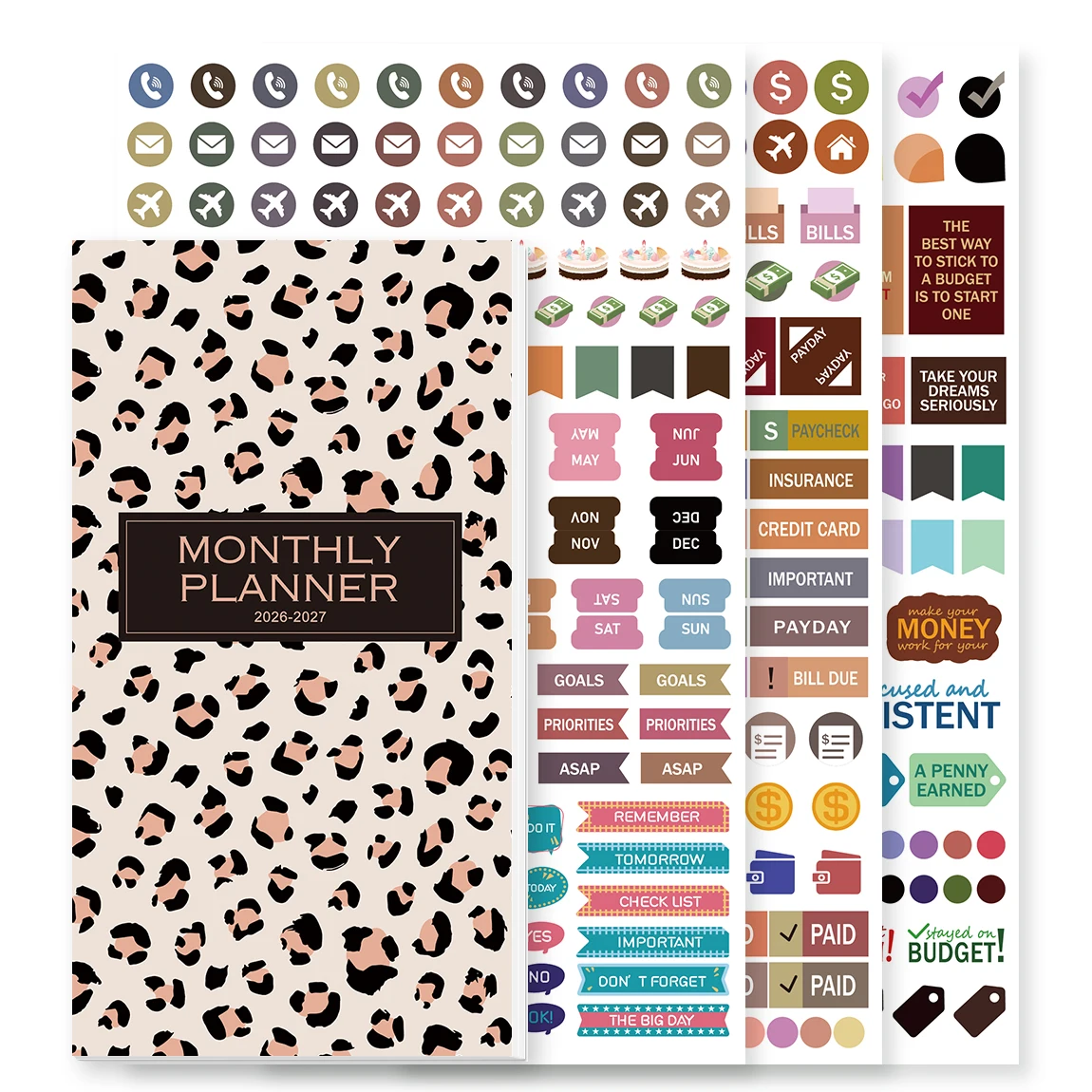 1pc Beige Leopard Monthly Planner with Tabs & Budget Stickers, Waterproof Cover, 20 x 14 x 1.5 cm, for Home, Office & Daily Use