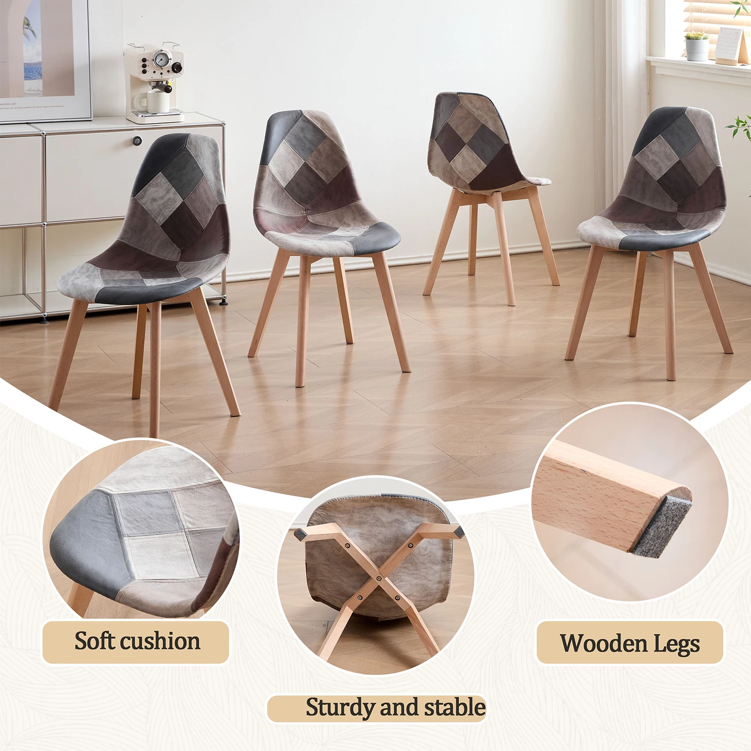GrandCA HOME 4-teiliges Set Nordische Mittelalterliche Esszimmerstühle mit Buchenholzbeinen und Patchwork-Stoff für Küche, Esszimmer, Wohnzimmer – Detail 5