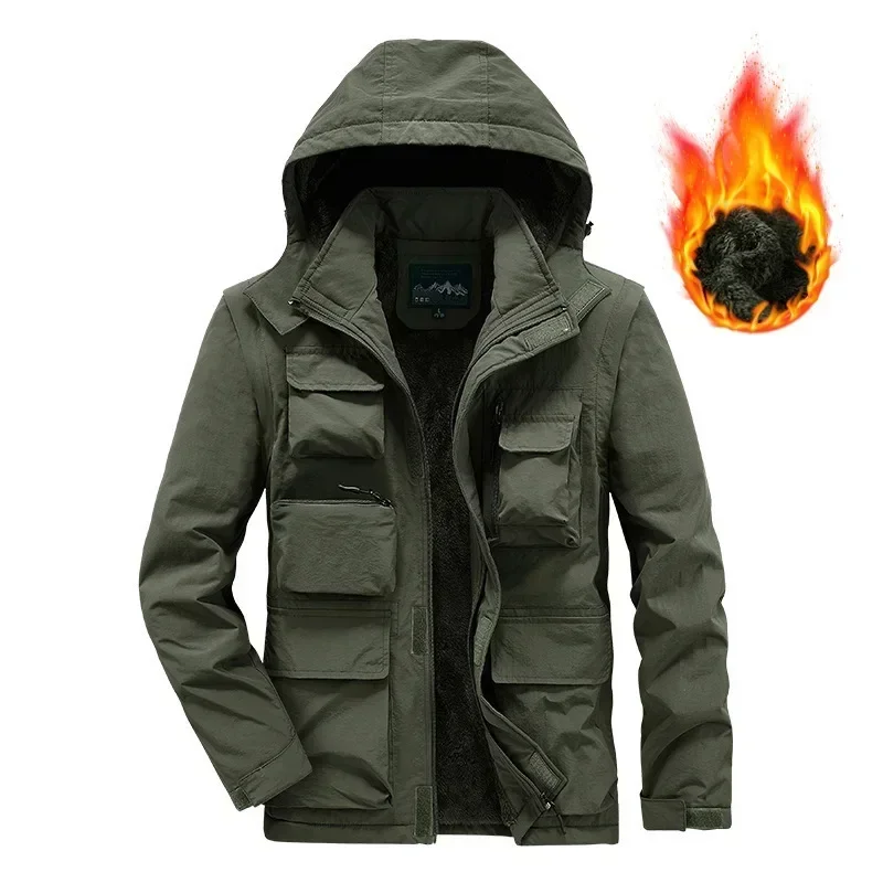 Men Outdoors Hooded Tooling Jackets Coats Multi Pockets Fleece Warm Long Down Jackets Quality Male Winter Casual Parkas Size 4XL