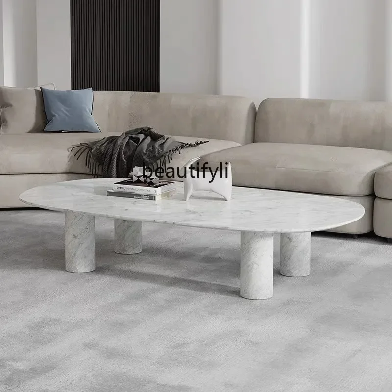 178Minimalist solid pure natural marble pillar, black and white root, long oval coffee table, high sense2936