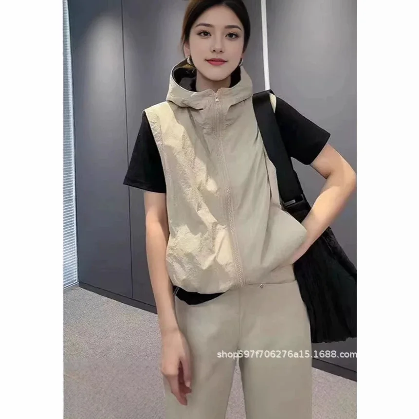 Spring Autumn Thin Single Layer Women's Loose Outerwear Hooded Breathable Vest Sun Protection Clothing Purple Polyester Fiber