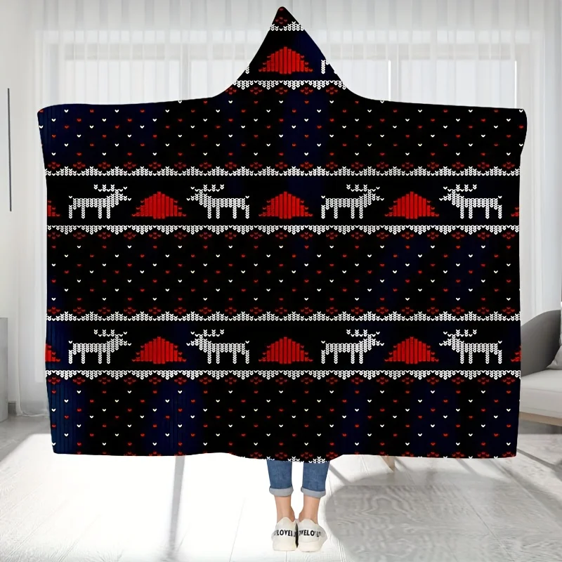 Hooded Cape Blanket, Cute Gift with Christmas Reindeer Pattern skin-friendly Soft Warm Throw for Home Kitchen Sofa Camping