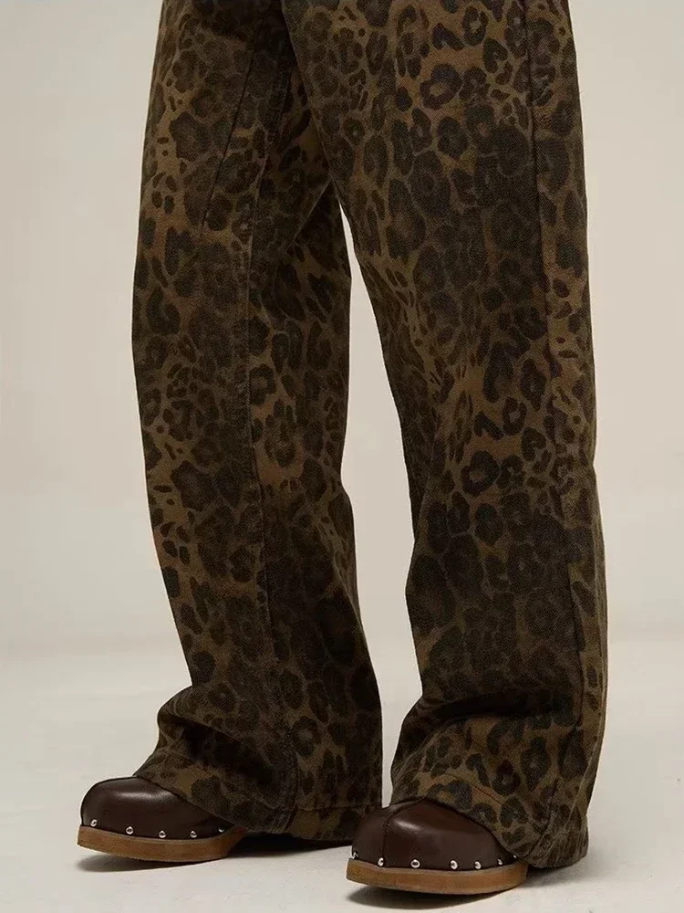 HOUZHOU-pantalones vaqueros de leopardo tostado para mujer, pantalones de mezclilla femeninos de gran tamaño, pantalones de pierna ancha, ropa de calle, ropa Vintage de Hip Hop, ropa suelta informal