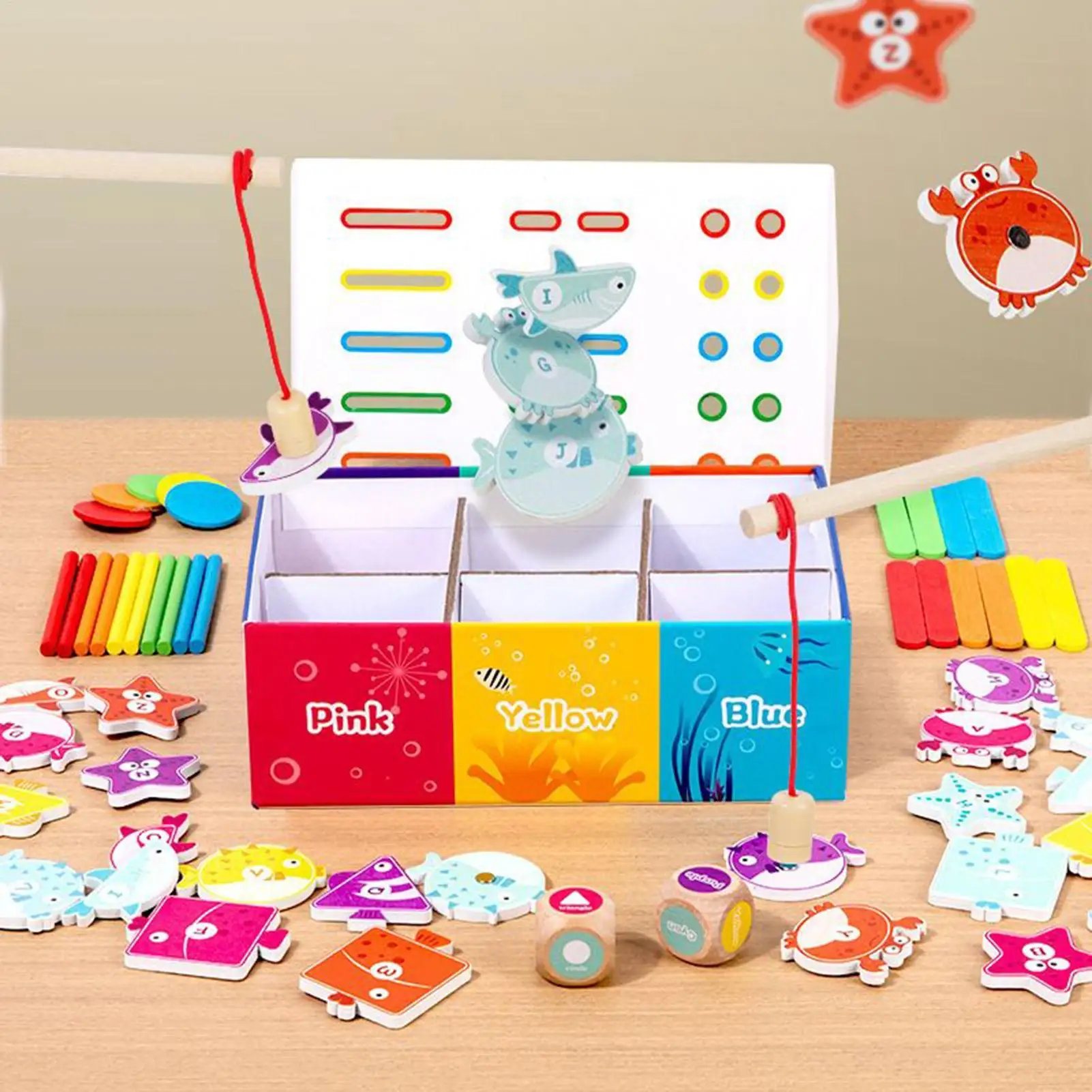 Caixa de classificação de forma de cor de madeira brinquedo de classificação de forma de cor magnética atividade de classificação de jogo de pesca para crianças pré-escolares