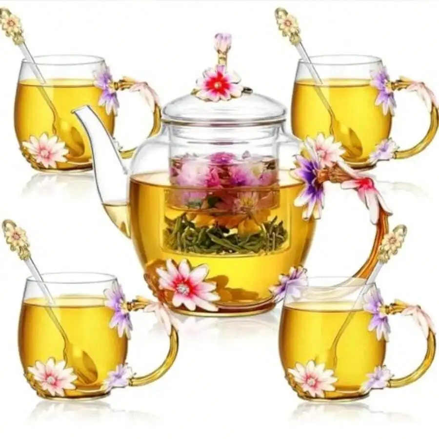 5 Pcs Floral Glass Tea Set, 51 Oz Daisy Teapot With Infuser