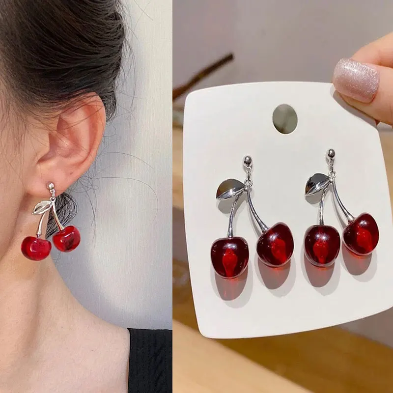 New Sweet Summer Red Transparent Cherry Fruit Fashion Long Ear Nail Earrings Fashion Black Anime Earring For Women Party Jewelry