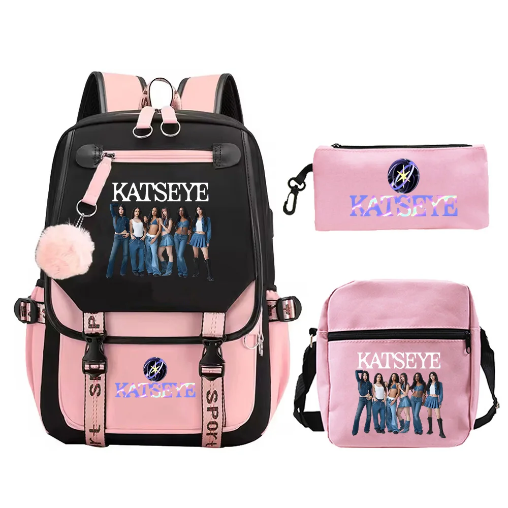 New Katseye Backpack 3pcs Set High Quality Zipper Rucksack Women Men Casual Mochilas College Student School Bag for Teenager