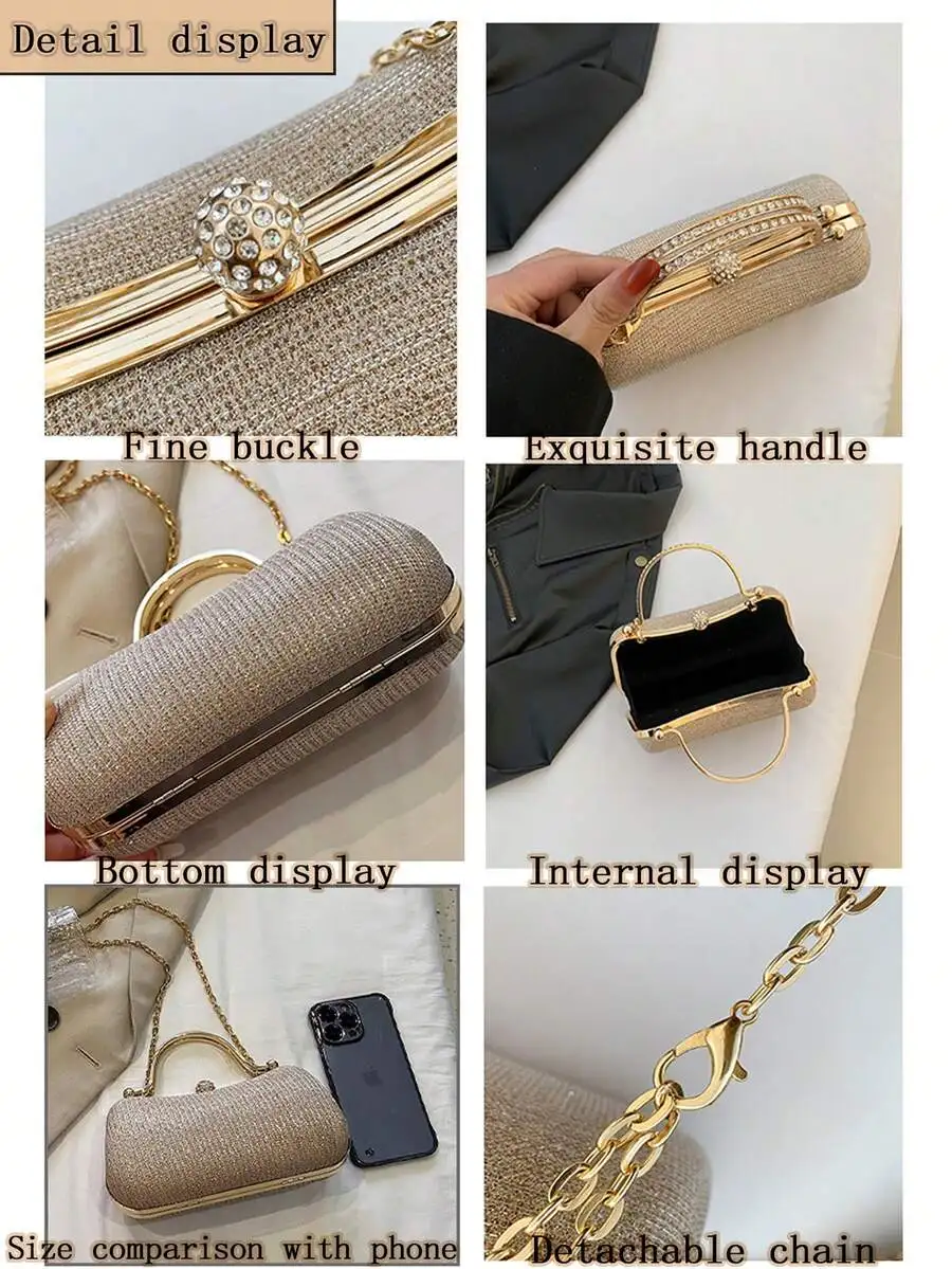 

Elegant Beaded Clutch With Detachable Chain, Rhinestone Buckle, Velvet Interior For Wedding Prom Evening Event