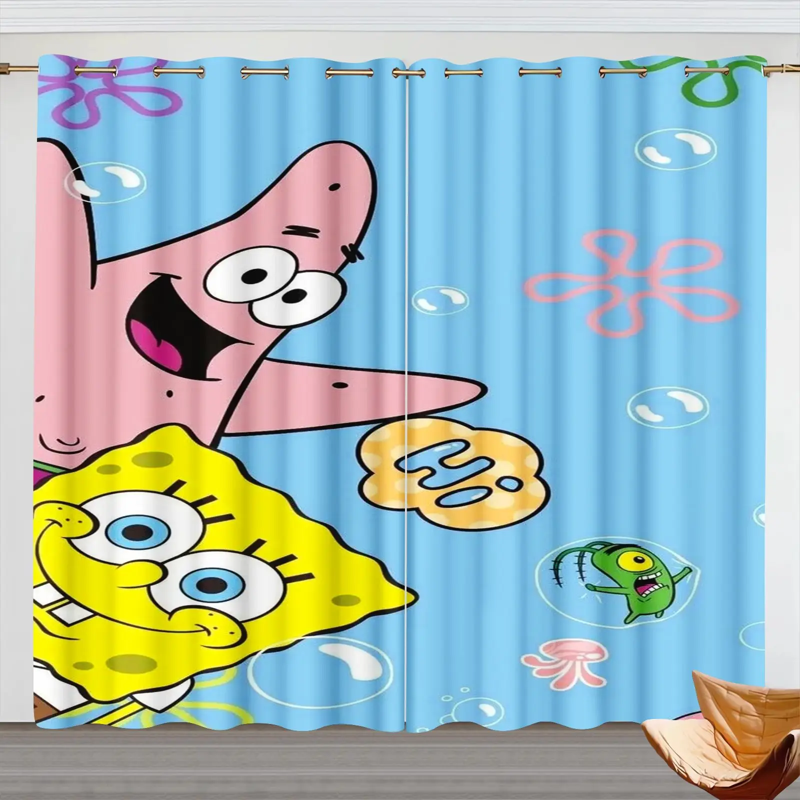 SpongeBob SquarePants Curtains 2‑Panel Set Patrick Star Plankton 3D Print Window Curtain Kids Bedroom Living Room Home Decor