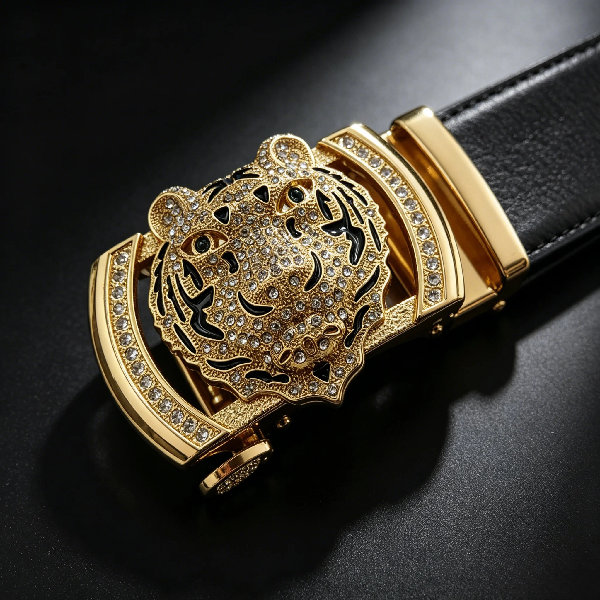 English Title: Gold Alloy Tiger Head Automatic Belt Buckle Full Rhinestone Inlaid Enamel Tiger Buckle Replacement Strap Accessory