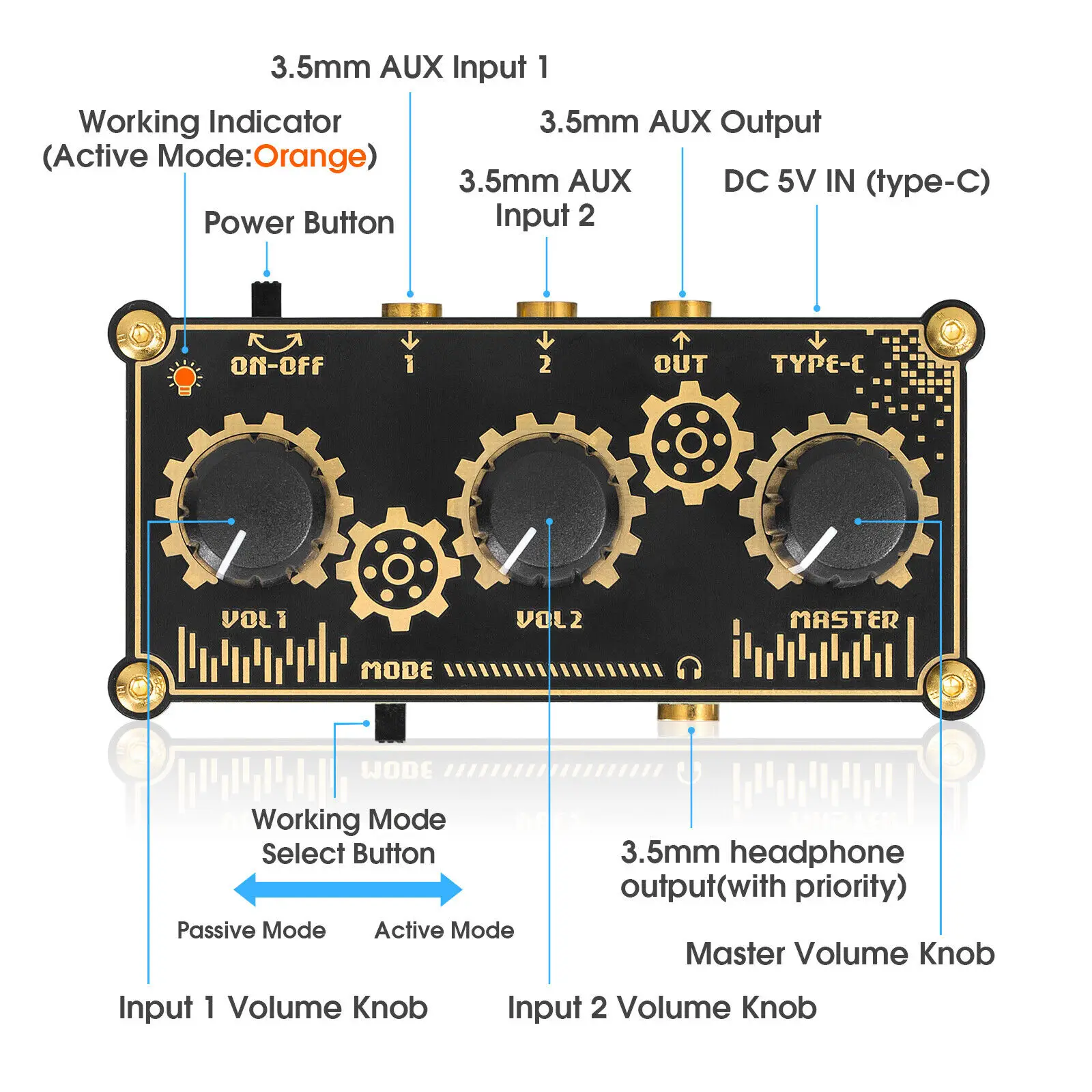 Nobsound Mini Stereo 2.0 Channel Line Mixer HiFi Headphone Monitoring Club Live Studio Recording