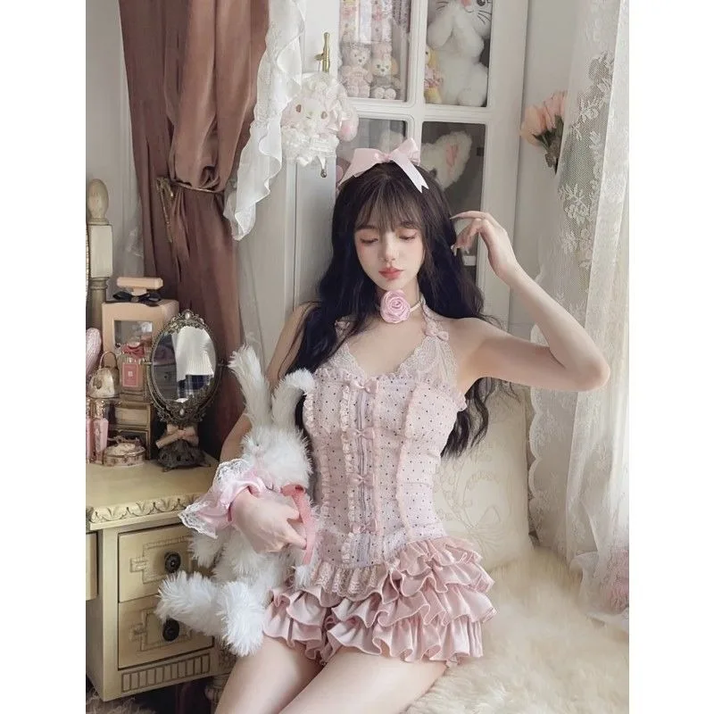 French Spicy Girl Lace Hanging Neck Camisole Top Fluffy Cake Skirt Two-piece Set Lady Dot Bow Splice Ruffle Edge Sweet Slim Wear