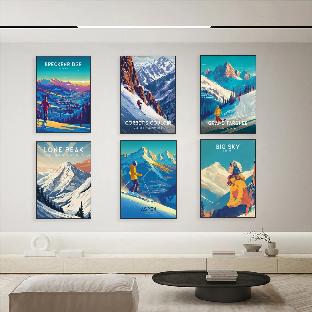 Skiing in Corbett Gulch, Montana, Colorado, Aspen mountain landscape, skiing and snowboarding poster at Lone Peak ski resort