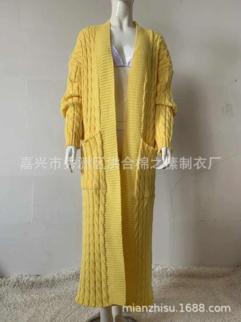 Women Casual Oversized Knitted Sweater Loose Solid Long Sleeve Knitwear Female Vintage Green Twist Cardigan Long Winter Cardigan