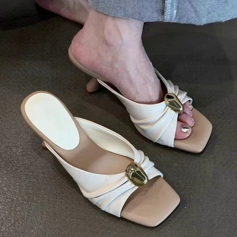 Summer Women Slippers Fashion Metal Decoration Open Toe Dress Slides Ladies Stripper Party Sandals