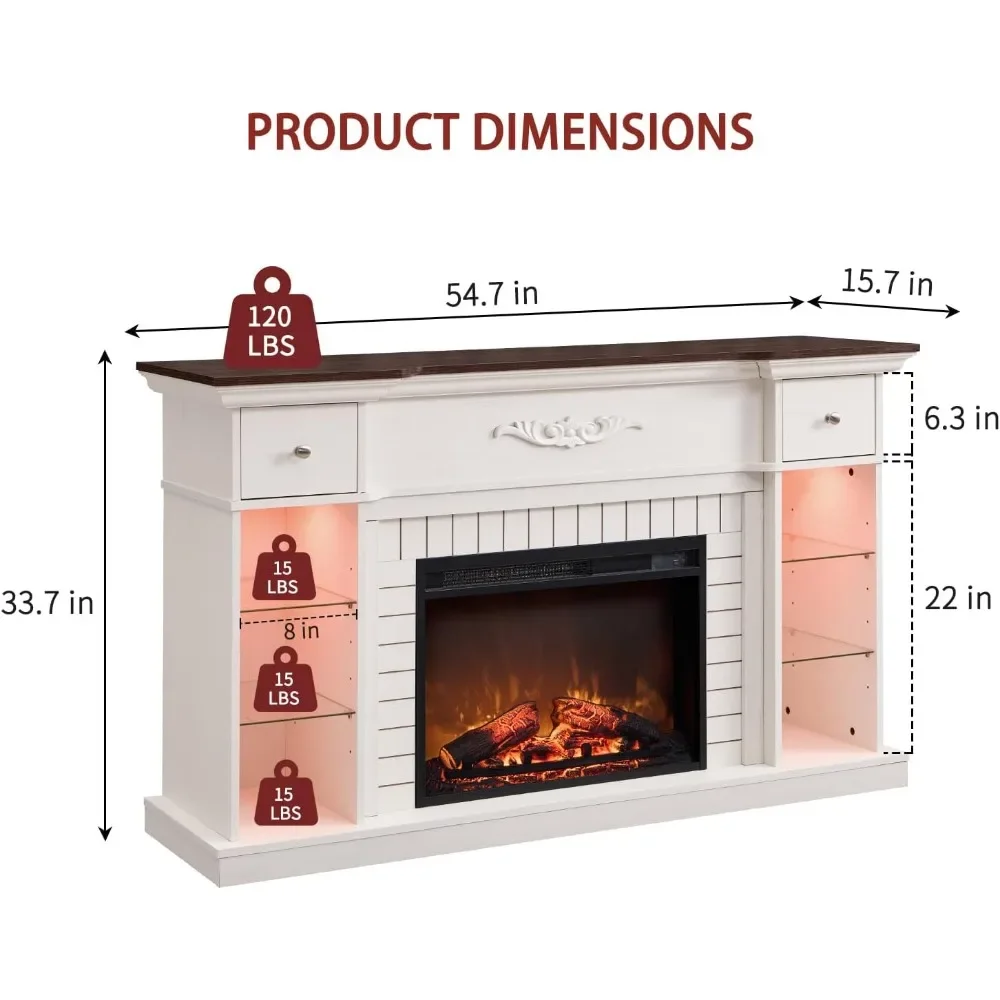 TV Stand with Mantel&Lighting 23'' Freestanding LED TVs Console with Open Adjustable Shelves&Drawers Electric Fireplace TV Stand