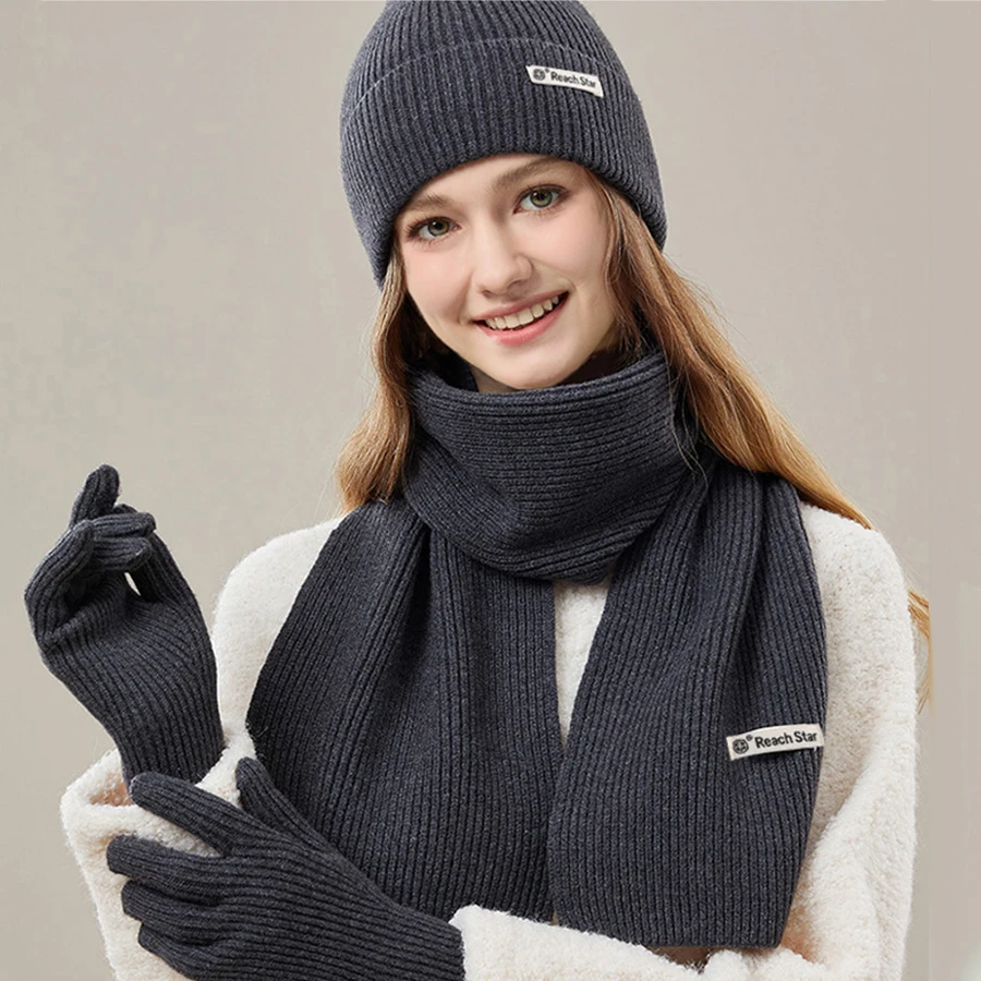 3pcs set winter hat long scarf gloves for women elegant solid color knitting beanies set women winter warm accessory