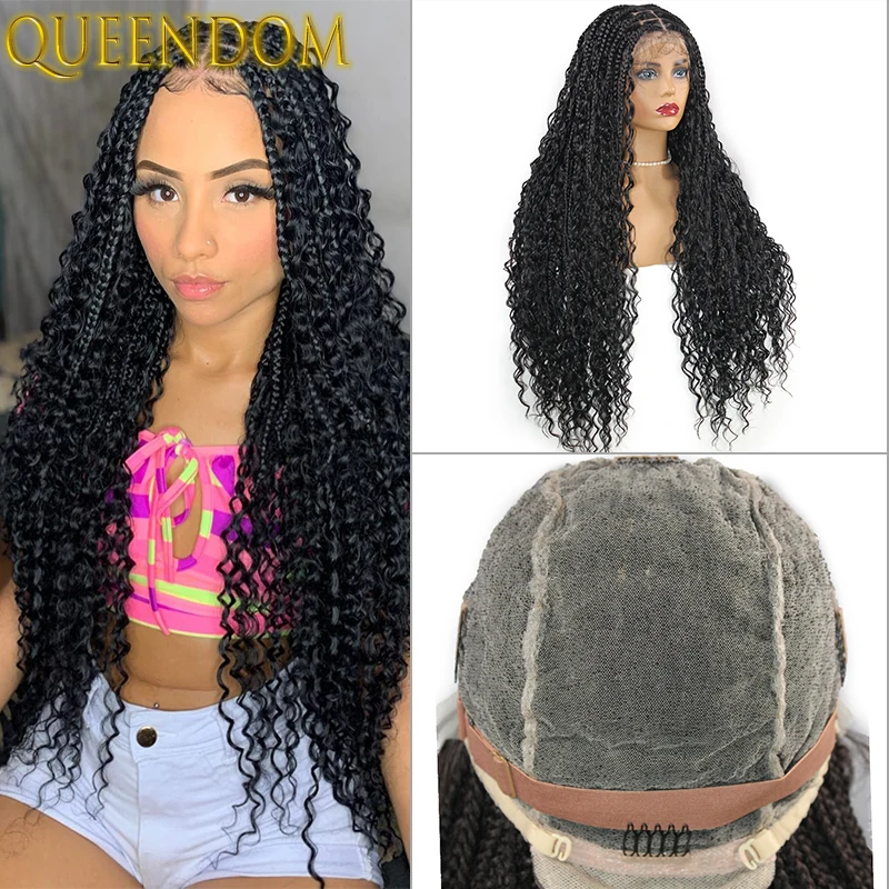 

Bohemia Full Lace Box Braided Wigs Natural Deep Wave Synthetic Lace Front Wig with Plaits 32 Inch Knotless Braids Wigs for Women