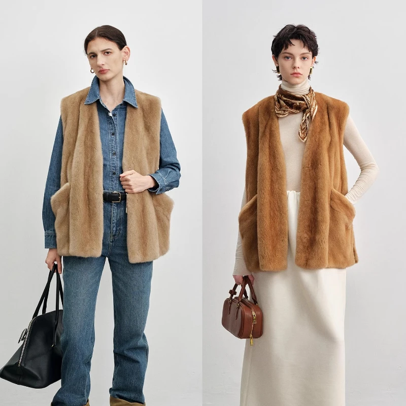 YOLANFAIRY ベルベット製 本物のミンクファーコート 冬用 暖かい Vネックブラウス ノースリーブ 通勤スタイル 天然ミンクベスト 女性用 2025