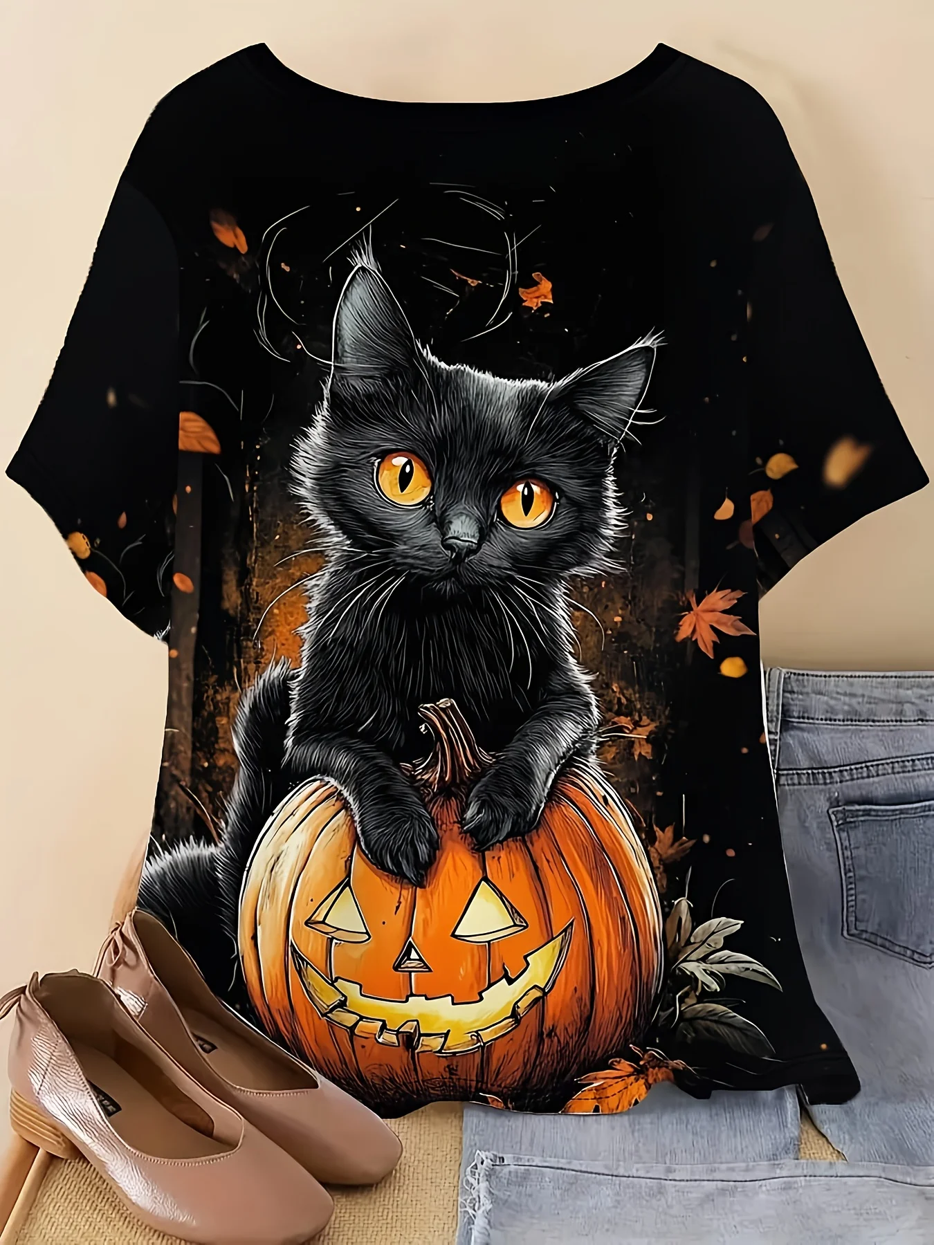 Women's T-shirt Black Cat Pumpkin Maple Leaf Print Crew Neck Short Sleeve Loose Fit Halloween Party Daily Style women clothing