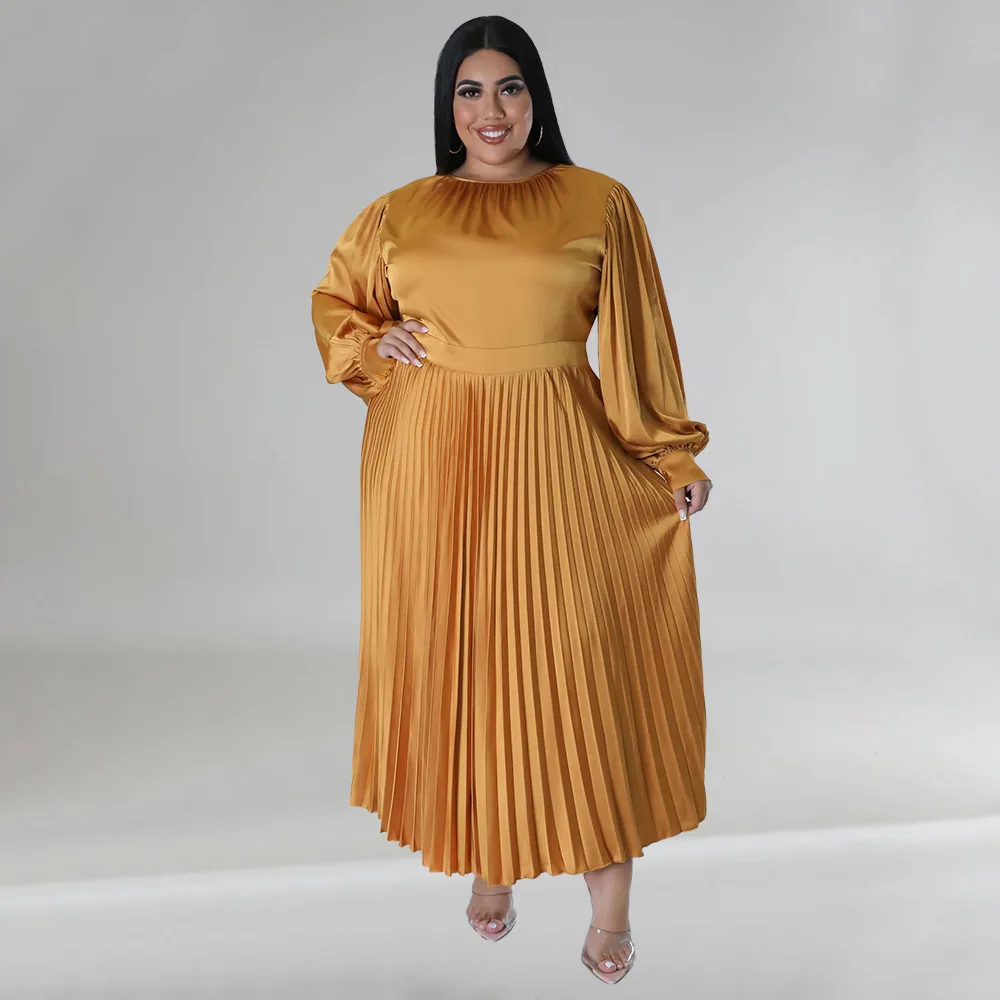 Plus Size Elegant Dress Women Fashion Solid Pleated Prom Female Luxury Long Robe 2024 Fall Design Large Size Wide Party Dress