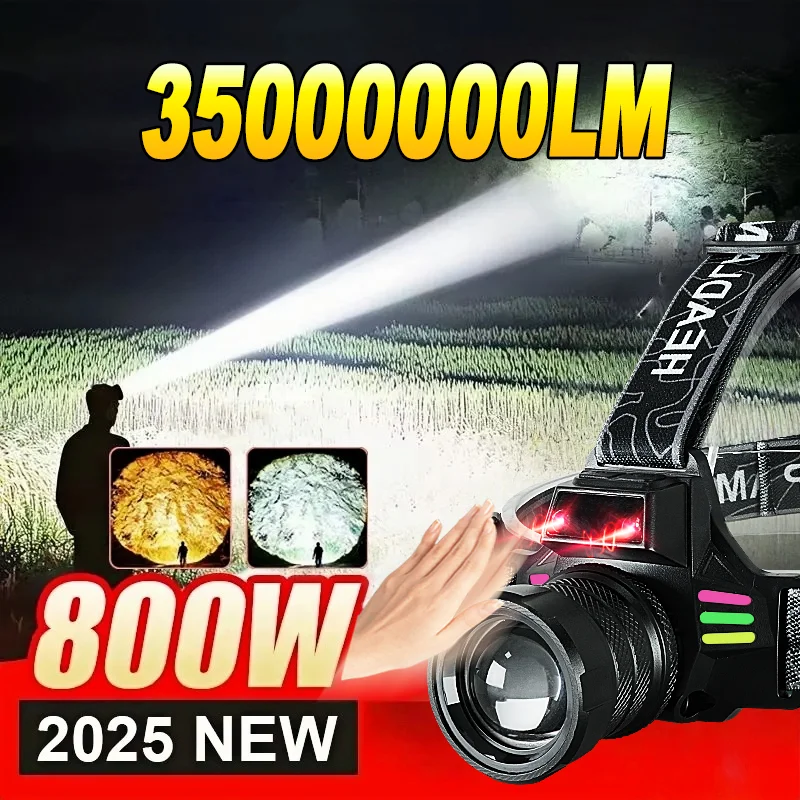 

35000000 Ультра яркий налобный фонарь, самый мощный налобный фонарик 3500 м, сенсорная фара 18650 с желтым светом, налобный фонарь для рыбалки
