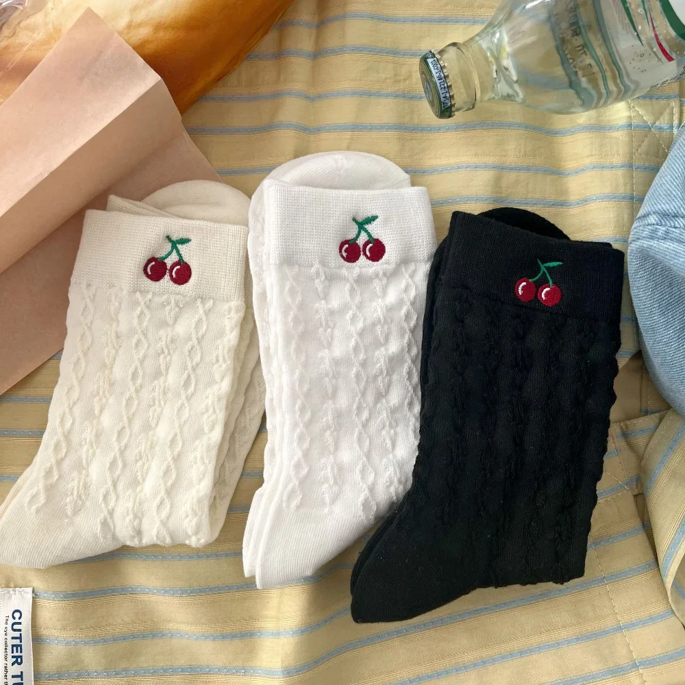 Korean College Style Cotton Socks Striped Contrast Medium Tube Socks Pink Girls Cherry Embroidery Sports Casual Socks