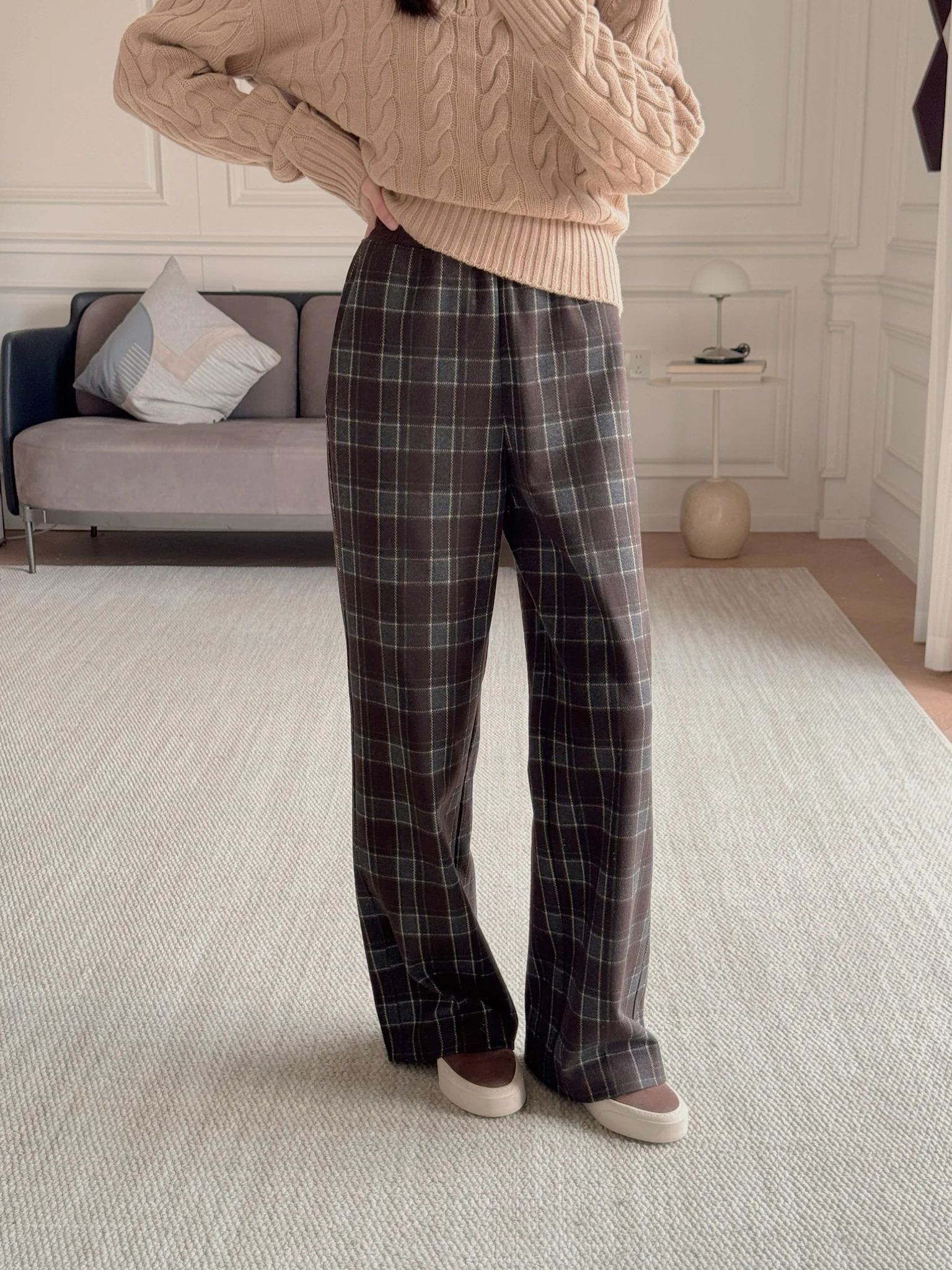 

Ретро-брюки в британскую клетку с широкими штанинами, высокой талией, прямым кроем, из войлочного полиэстера, теплые повседневные брюки для женщин