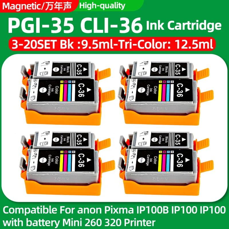 3-20SET PGI-35 CLI-36 PGI35 CLI36 Ink Cartridge Compatible for Anon Pixma IP100B IP100 IP100 with Battery Mini 260 320 Printer