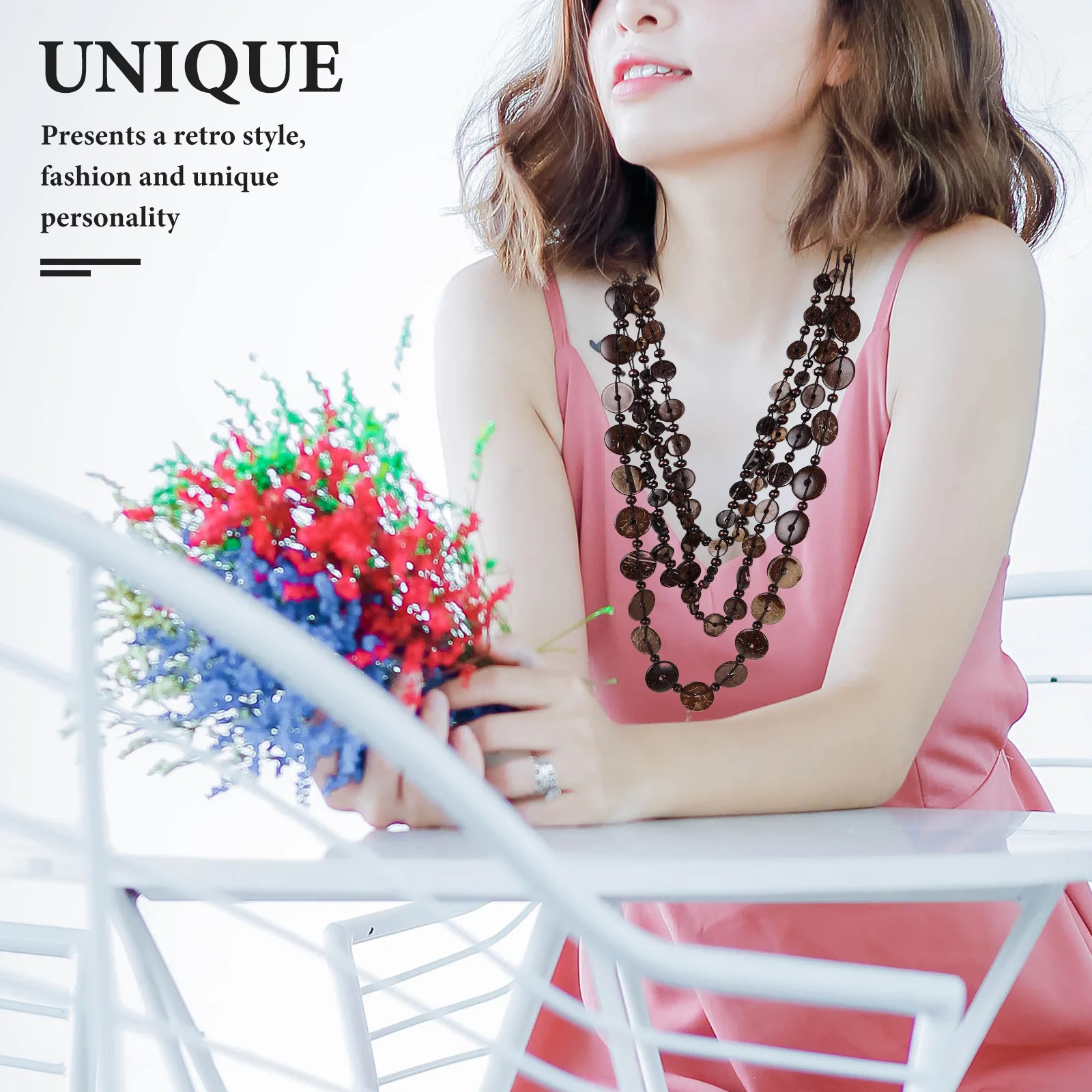 

Handmade Woven Necklace Natural Coconut Shell Beads Vintage Layered Strand Boho Jewelry For Women Chunky Brown Bib