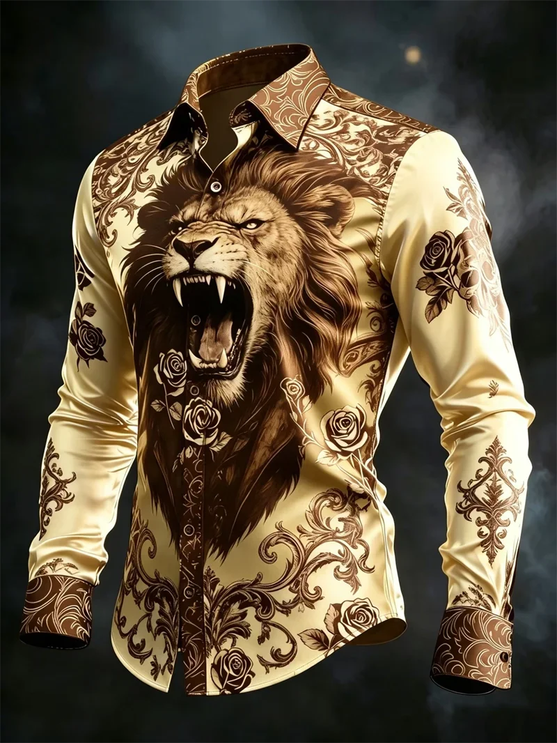 Men's Long Sleeve Shirt Purple Bottom Golden Dragon Print Light Luxury Slimming Business Casual