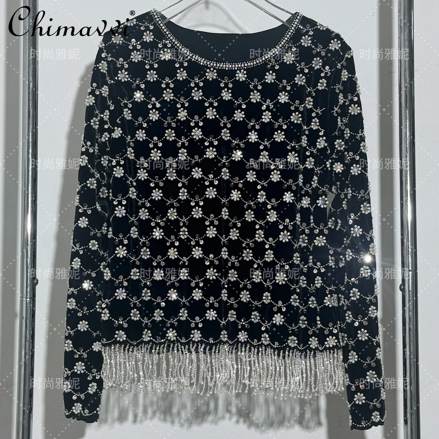 خريف شتاء جديد الثقيلة مطرز الترتر اللؤلؤ المرأة طويلة الأكمام تي شيرت موضة الجولة الرقبة شرابة المرحلة الفاخرة البلوز #2