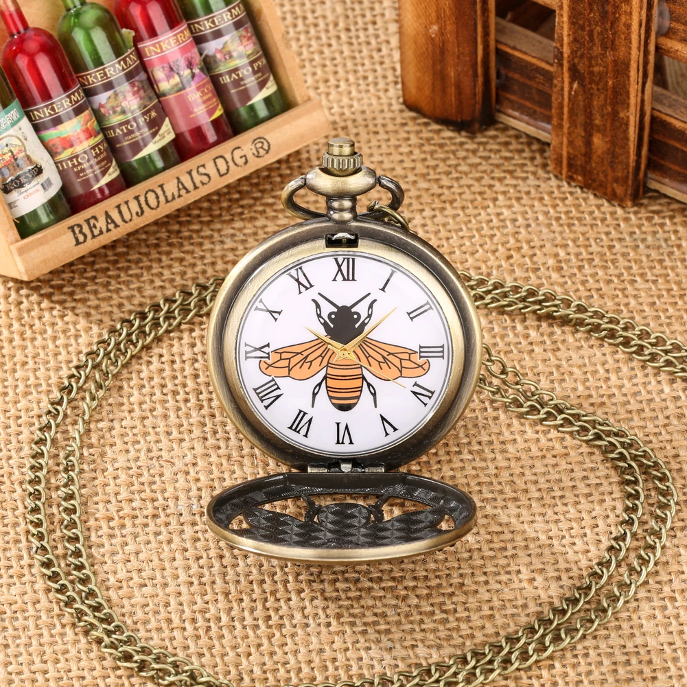 Vintage Charm Bee Bronze/Gold Quartz Pocket Watch Men Women Necklace Watch Antique Gifts Roman Numerals Analog Display Clock