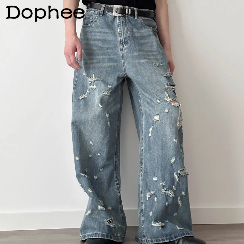 2025 여름 신상 미국 스타일 홀 데님 남성 레트로 루즈핏 하이 스트릿 데님 바지 남성 멋진 스트레이트 와이드 레그 데님 팬츠