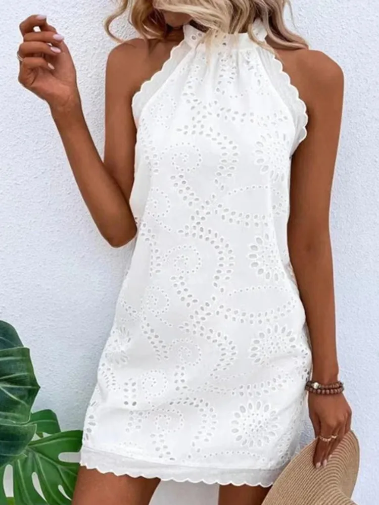 

BKLD White Dress 2024 Summer Fashion Women Clothing Round Neck Sleeveless Embroidered Hollow Out Loose Casual Short Dresses